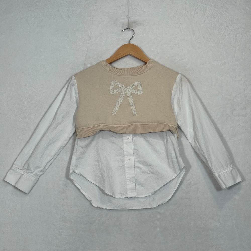 Zara Tan White Mixed Media Layered Bow Top 9-10